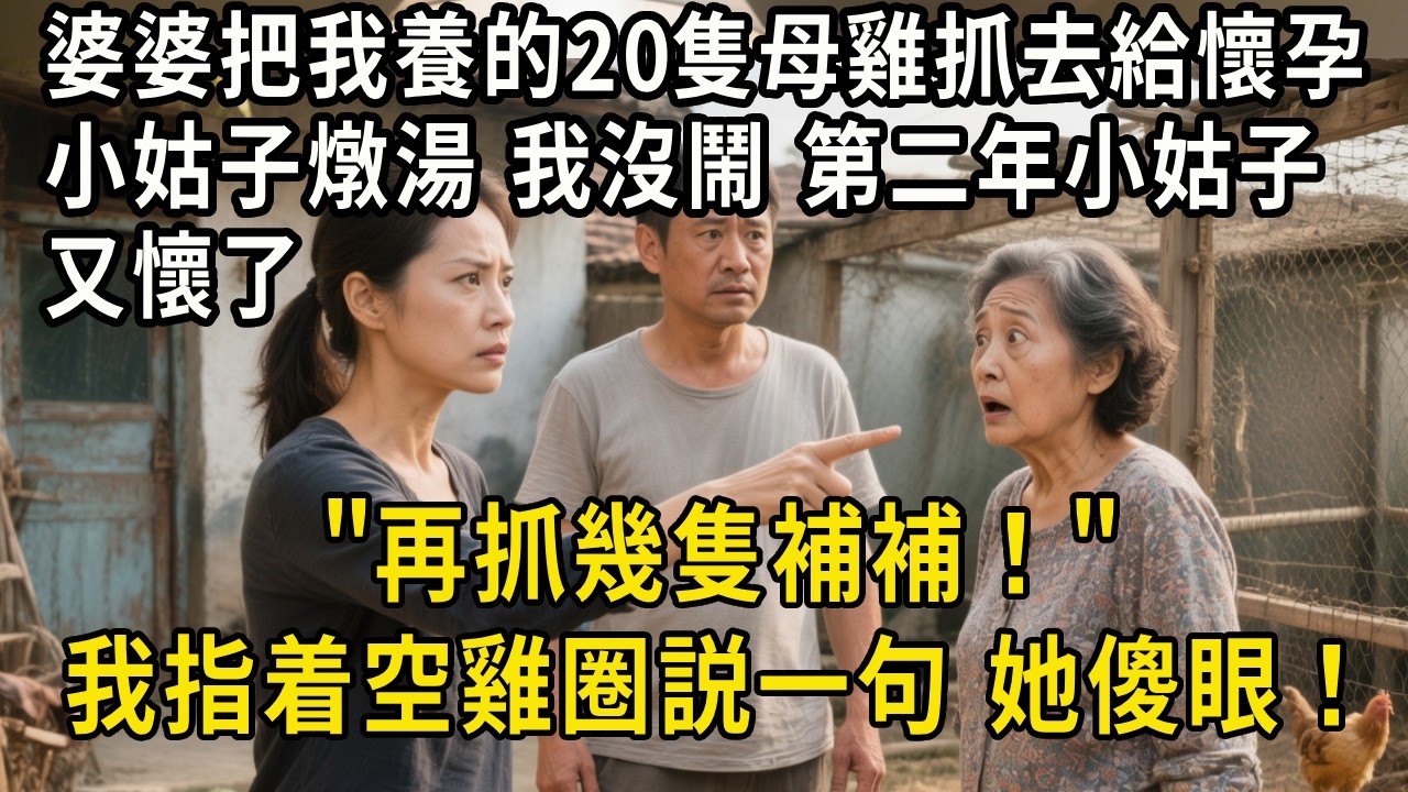 婆婆把我養的20隻母雞抓去給懷孕小姑子燉湯，我沒鬧，第二年小姑子又懷了，她又來討：再抓幾隻補補！我指着空雞圈説一句，她傻眼了！#婆媳#中老年生活 #為人處世 #生活經驗 #情感故事