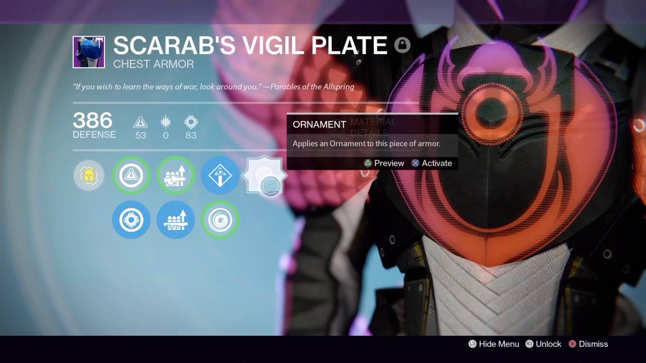 Destiny yr 3 FULL TRIALS OF OSIRIS SET ( titan class ) with ORNAMENTS