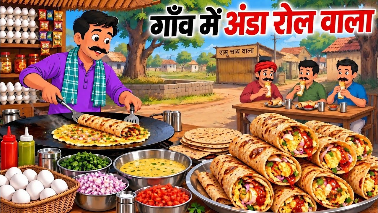 गाँव में अंडा रोल वाला | Gaon Mein Anda Roll Wala | Hindi Kahani | Cartoon Stories