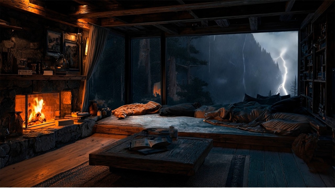 Heavy Rain, Lightning & Fireplace Sounds for Sleep, Study & Relaxation