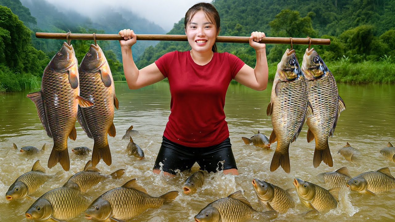 Making Fishing Rod to Catch a Big School of Fish with My Kids | Selling at the Village Market
