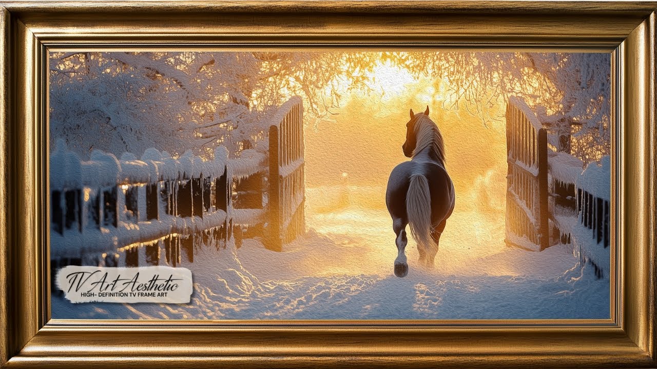 Frame TV Art | Black and White Clydesdale Horse in Snow at Sunset | Winter Screensaver | Winter