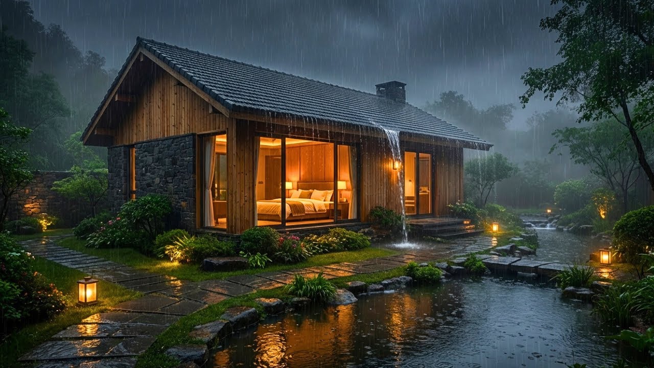 Gentle but Heavy Night Rain at Cozy Cabin for Sleep,Insomnia, Anxiety, Overthinking & Stress Relief