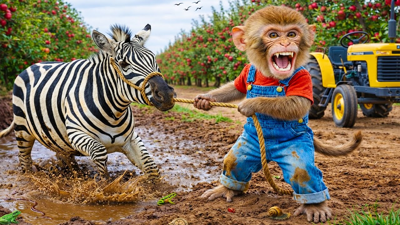 Monkey NaNa Grape Harvest Turns Into Disaster!Tractor Falls Into the Pond…His Smart Move Shocks All!