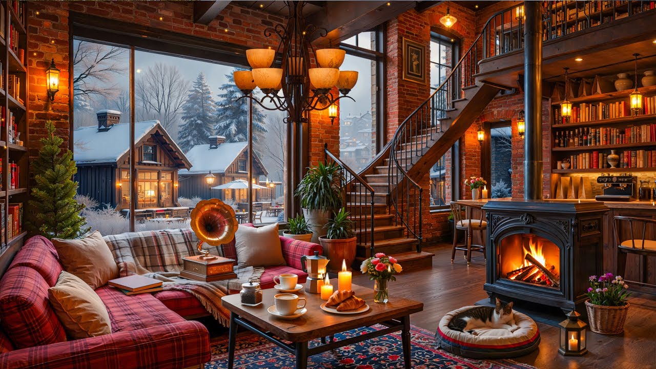 Relaxing with Background Jazz ☕ Cozy Coffee Shop Ambience ~ Smooth Winter Jazz & Fireplace Sounds