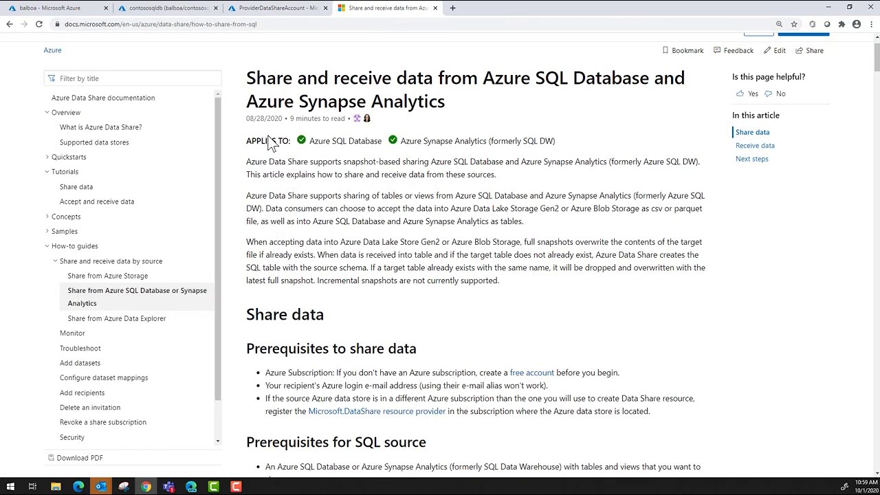 Azure Data Share Prerequisites for Sharing from Azure SQL DB or Synapse Analytics (formerly SQL DW)