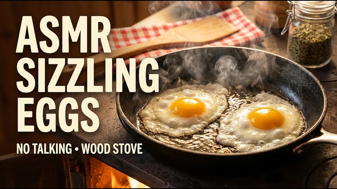 ASMR Sizzling Eggs on Wood Stove - 30 Min Loop (No Talking)