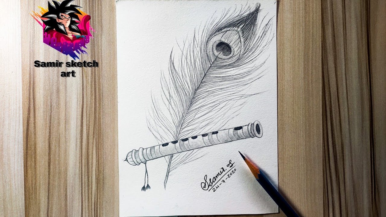 How to draw feather and flute with pencil|| mor pankh drawing || bansuri and peacock Feather drawing