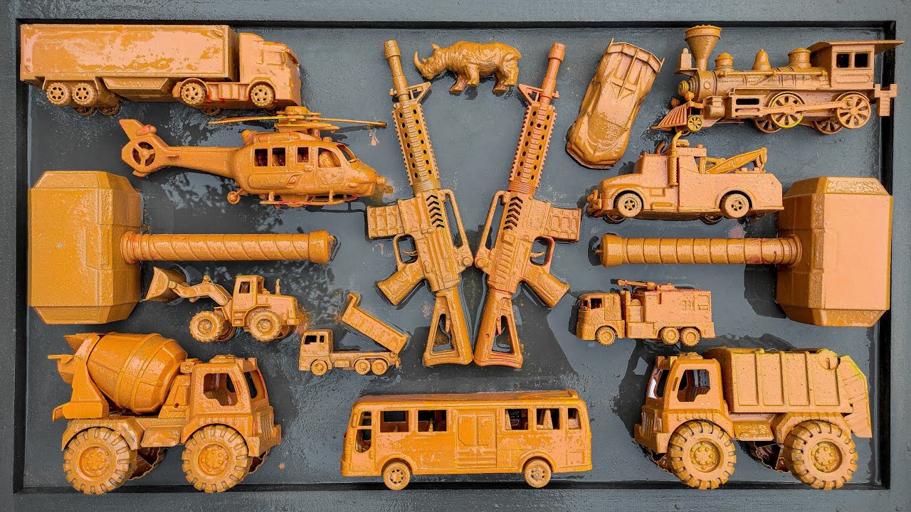 Membersihkan Mainan Berlumpur Truk Molen, School Bus, Kereta Api, Helikopter, Truk Kontainer, Loader