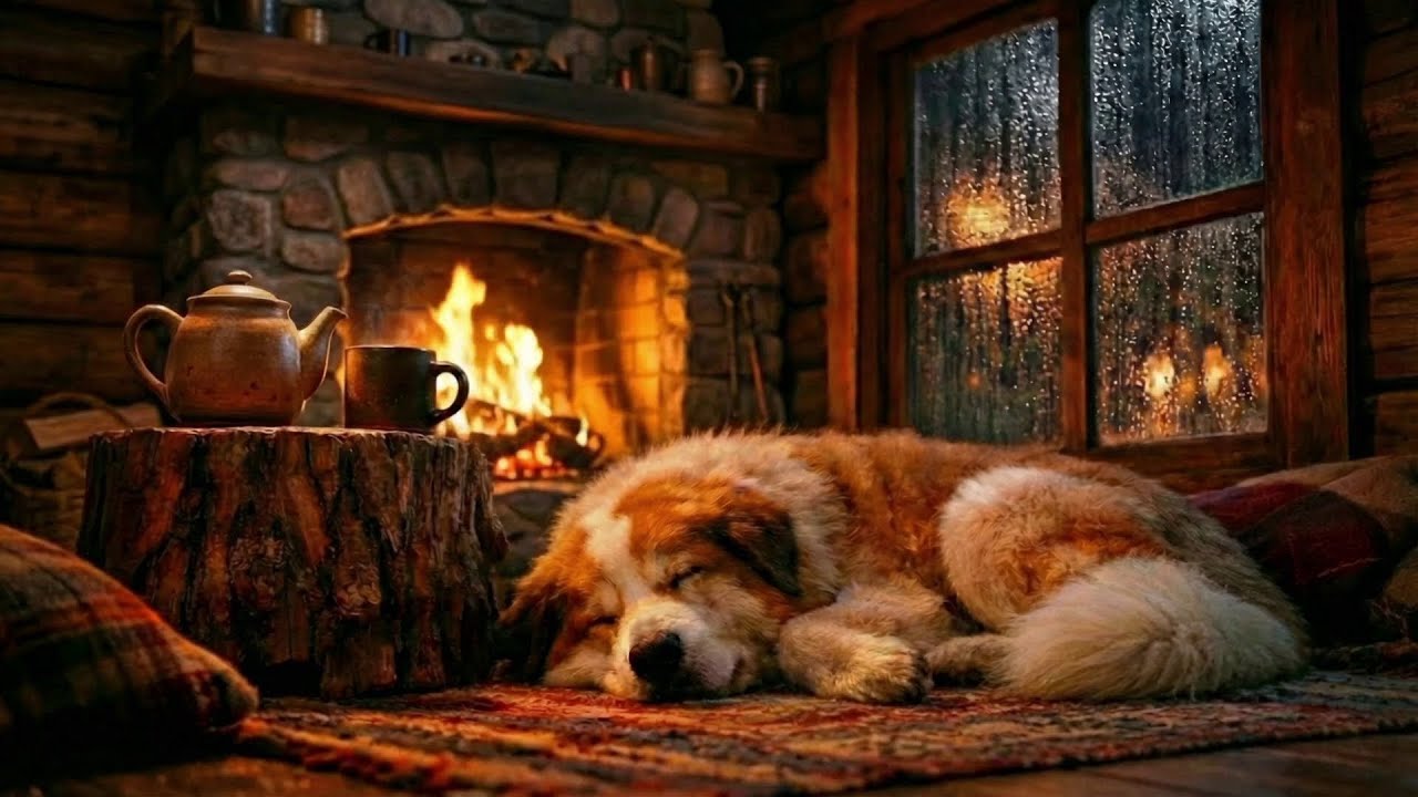 Cozy Night Fireplace with Soft Rain Drizzle | Relaxing White Noise for Sleep