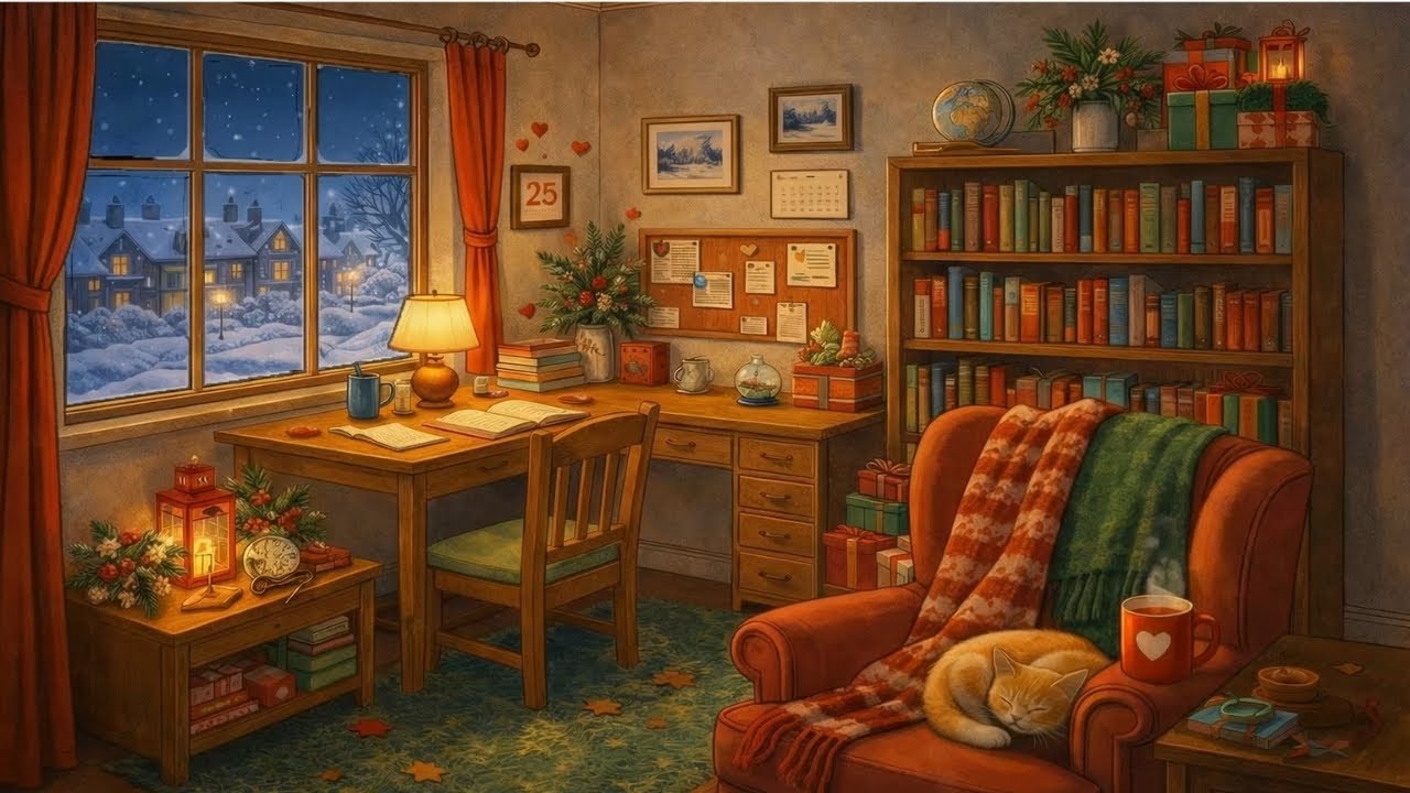 Cozy Winter Night Ambience ❄️ Warm Room, Soft Music & Snowfall | Relax, Study & Focus
