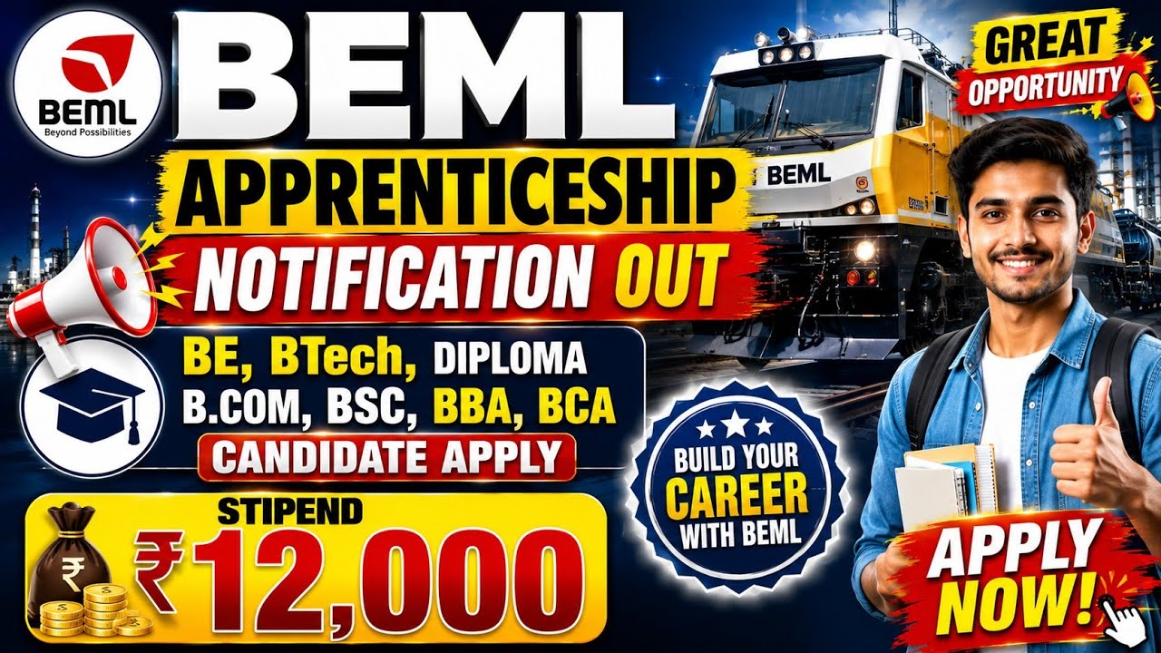 BEML Apprenticeship Training 2026 | Stipend 12,000 | BE/BTech Diploma BBA