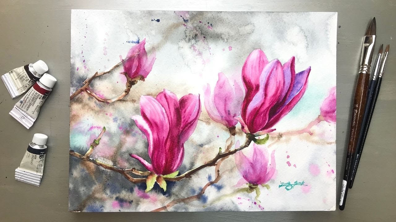 Watercolor Painting - Blooming Magnolia Flowers-Why How to use Masking Liquid-Tutorial Step by Step.