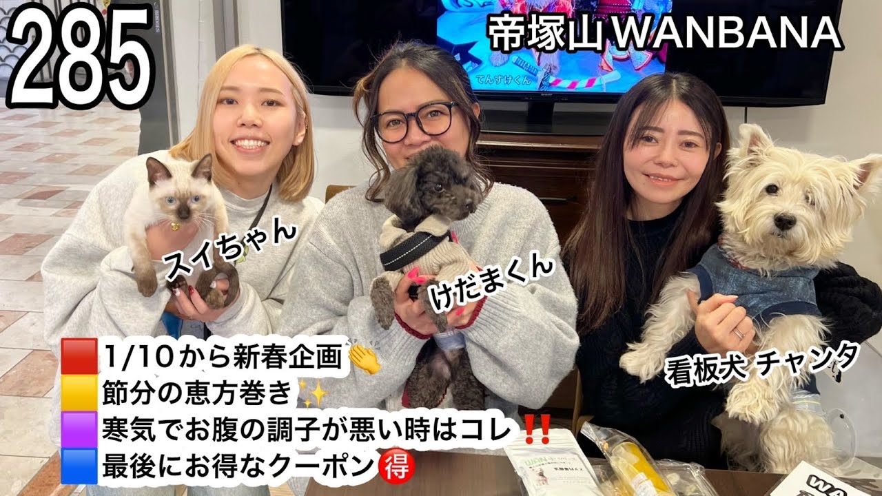 ・1/10から新春お年玉企画スタート　・節分の恵方巻きや新商品ご紹介　・ぎょ！！寒気でお腹の調子が悪い時は〇〇にかぎる！？　第285回　帝塚山WANBANA　LIVE配信　ワンバナライブ　２８５