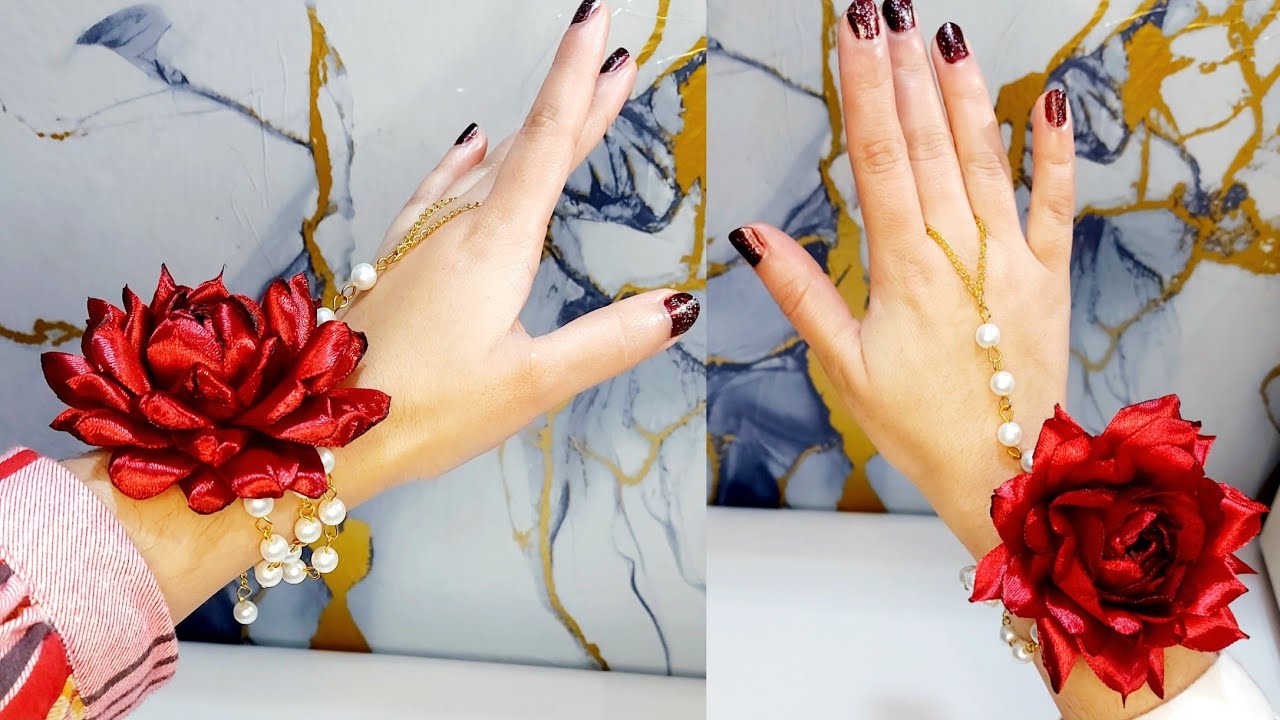 DIY Bridal Flower Bracelet 🌹 | Ribbon Rose Gajra with Pearls | Easy Hand Jewelry Tutorial