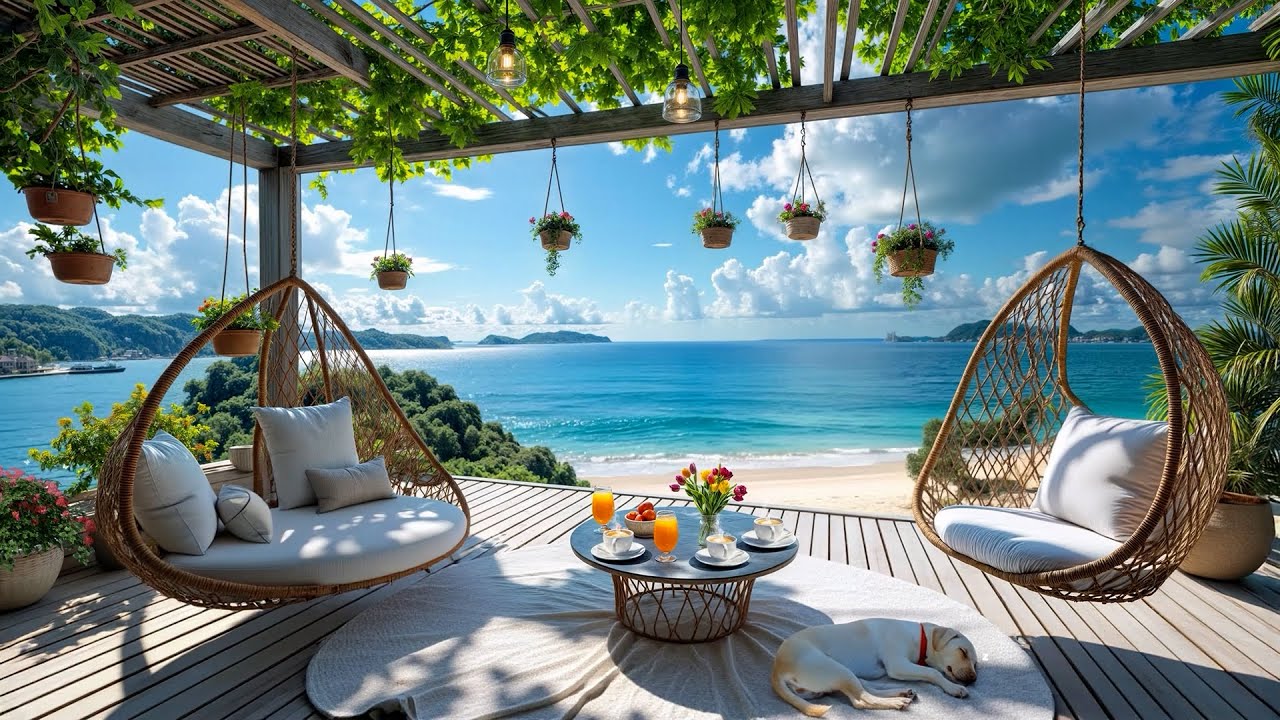 Morning Seaside Cafe Ambience ~ Joyful Bossa Nova Jazz & Ocean Wave Sounds for Relax, Study, Work