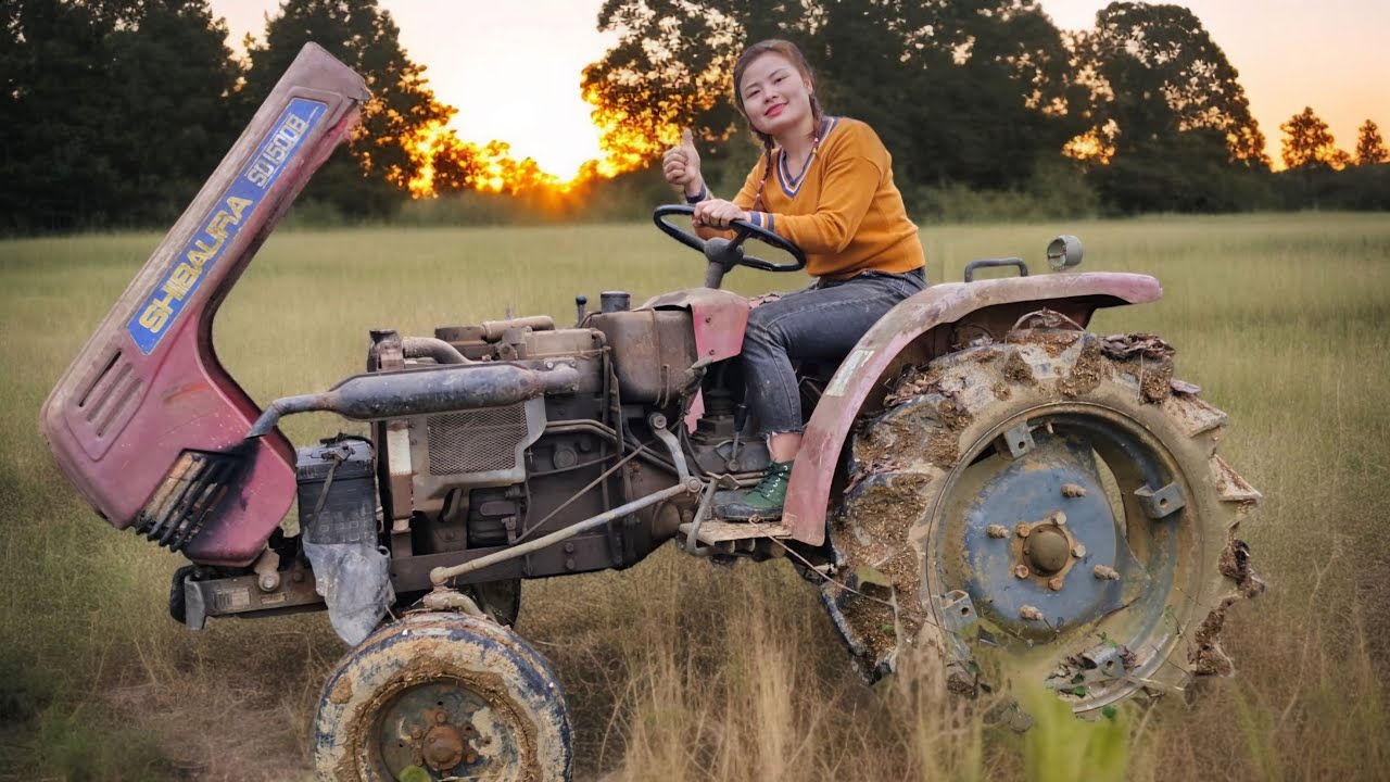 Timelapse :The genius girl successfully started the abandoned large diesel agricultural tractor