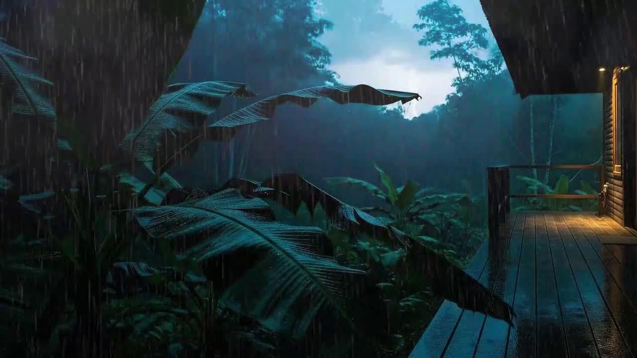 Instant Sleep with Steady Rain Sounds and Rolling Thunder at Forest Cabin Terrace 🌧️