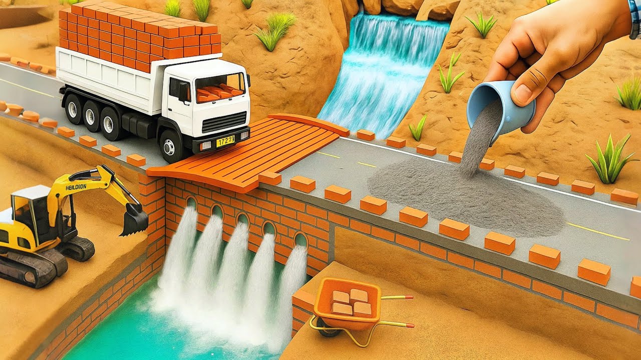 DIY Mini Truck Builds Brick & Metal Railing Bridge | Fun Construction Science Project #2