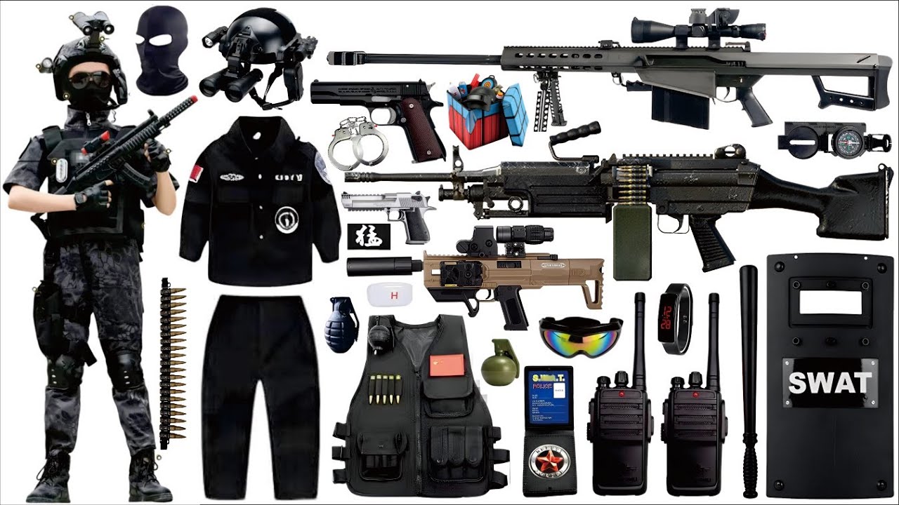 Unpack and collect toy guns, Barrett sniper rifles, Czech machine guns, Uzi submachine guns, Glock
