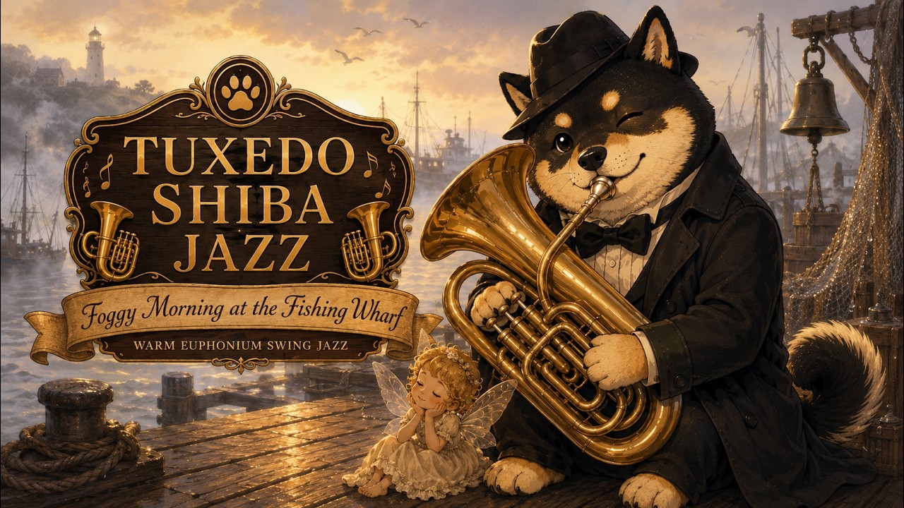 Black Shiba Inu &mdash; Foggy Morning at the Fishing Wharf | Warm Euphonium Swing Jazz for Focus