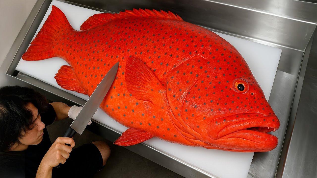 Шеф-повар суши готовит редкого леопардового кораллового групера | ASMR Fish Butchery & Sushi Art