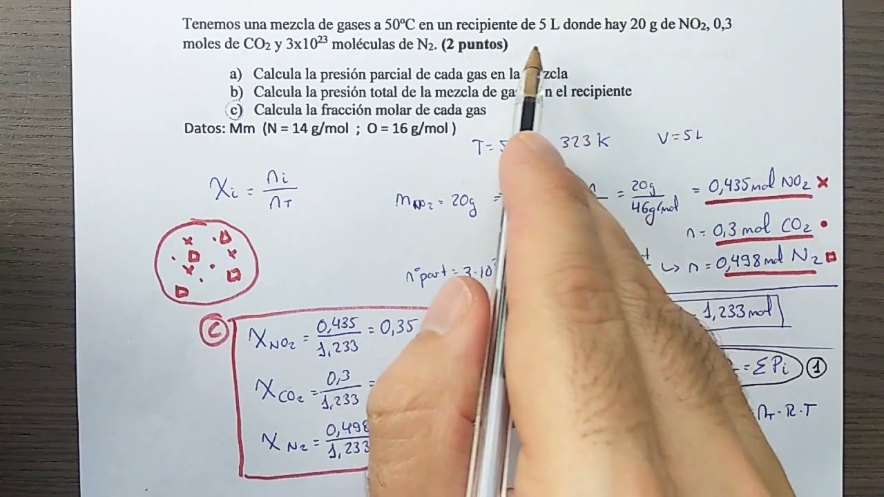Ejercicio mezcla de gases  Presión parcial, fracción molar  Química 1° Bachillerato