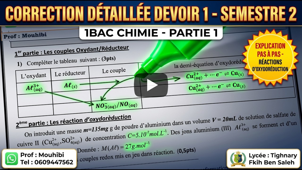 Correction Devoir 1 – Semestre 2 | 1ère Bac Partie 1 Chimie | Réactions d’Oxydoréduction