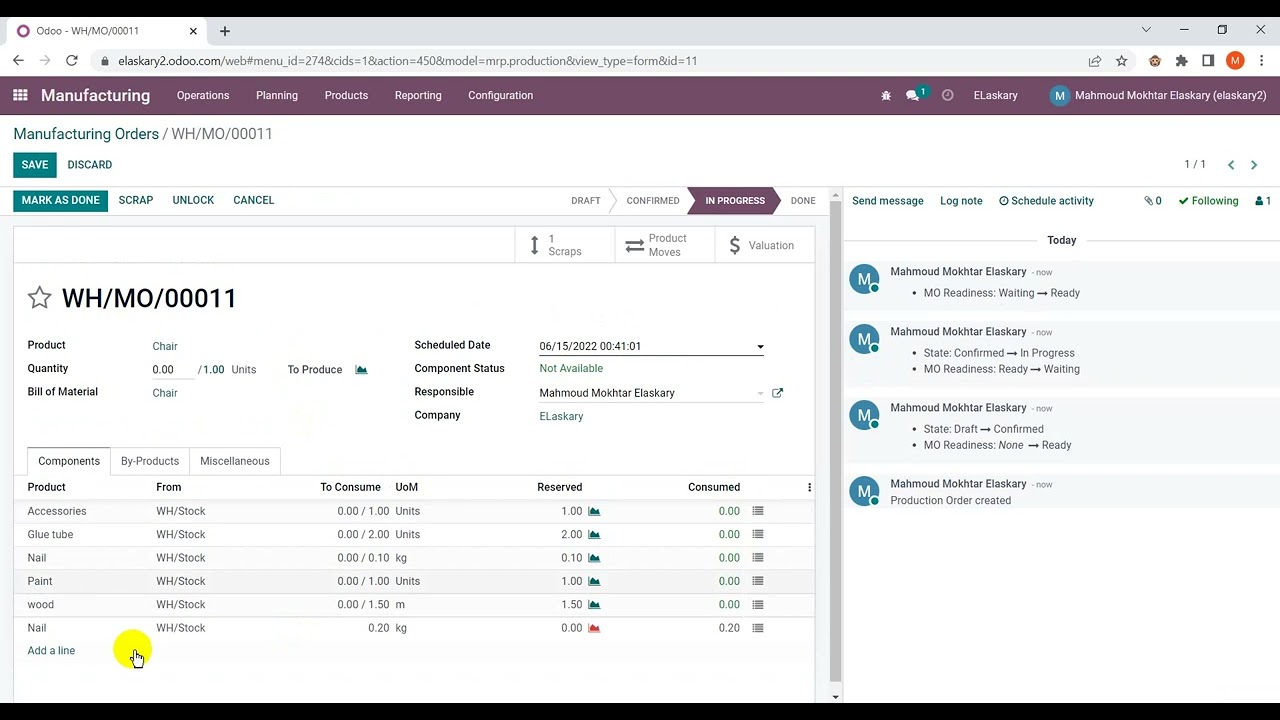 Odoo V15 / How scrap product part 2/ كيفية تخريد المنتج فى التصنيع الجزء 2