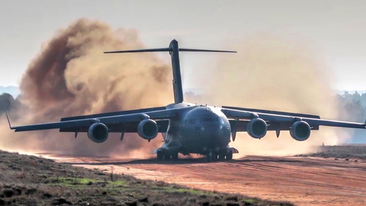 C-17 Dirt Airstrip Landing & Takeoff, Unloads AH-64.