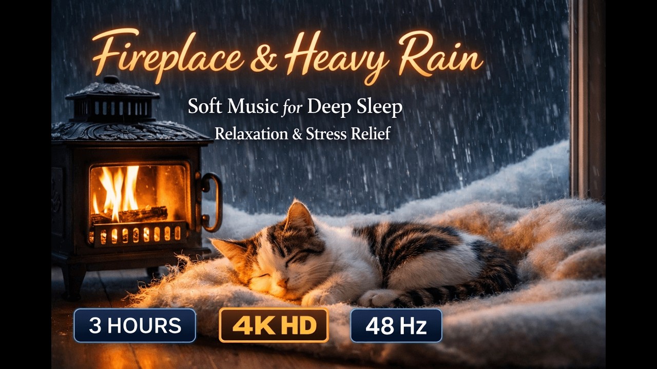 Fireplace & Heavy Rain for Deep Sleep | 3 Hours Soft Sleep Music | Cozy Rain Ambience 4K HD