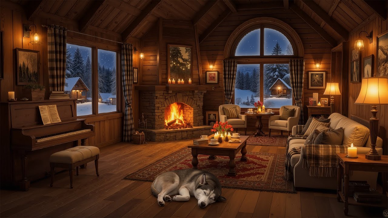 Snowy Winter Night • Relaxing Piano and Fireplace Sounds for Focus, Sleep & Holiday Calm