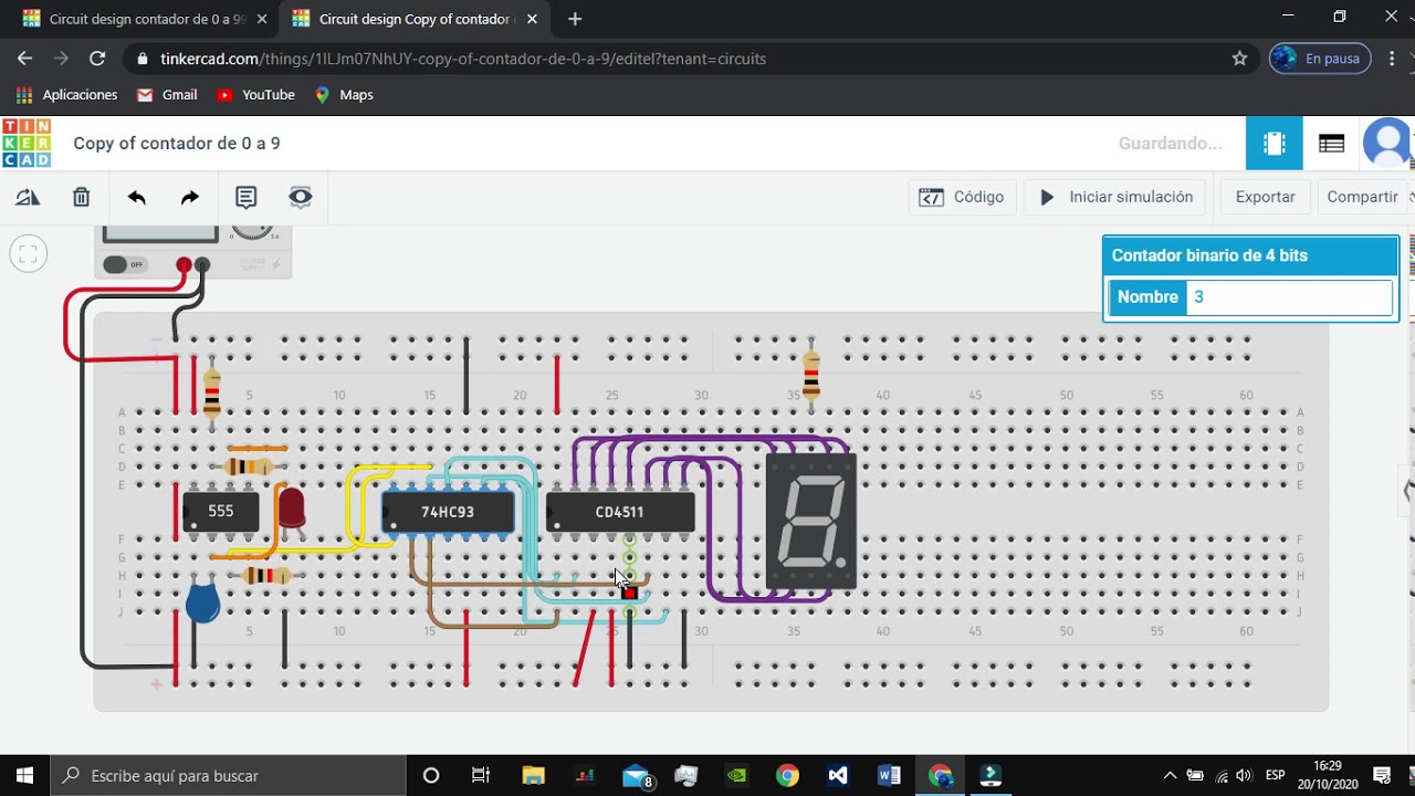 Contador de 0 a 9 y de 0 a 99 con el circuito integrado 555 (tinkercad).
