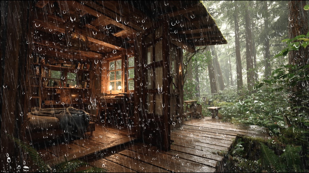 Cozy Cabin in a Heavy Rainstorm | Warm Night Ambience for Deep Sleep