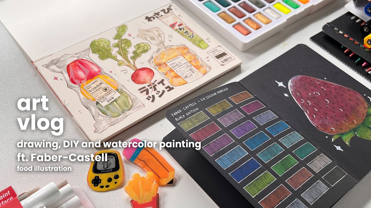 ⋆˙ art vlog - drawing, DIY and watercolor painting // food illustration | ft. faber-castell ˙⋆