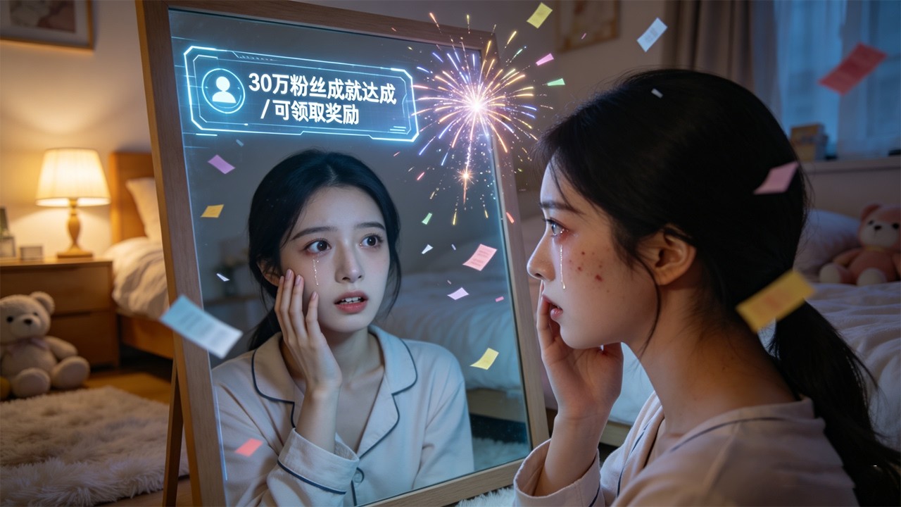 因容貌被弃的女孩在深夜哭泣，手机突然震动——30万粉丝成就达成！镜中她的龅牙悄然消失，而那位赌气分手的豪门少爷，此刻正对着她新照片在酒吧买醉。#女频#甜宠#复仇#重生