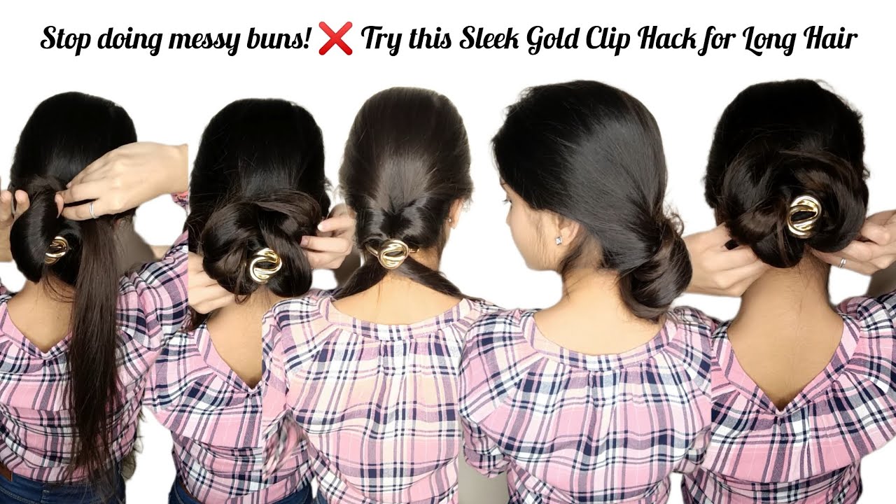 Stop doing messy buns!❌ Try this Sleek Gold Clip Hack for Long Hair #hairtutorial #hairstylingvideos