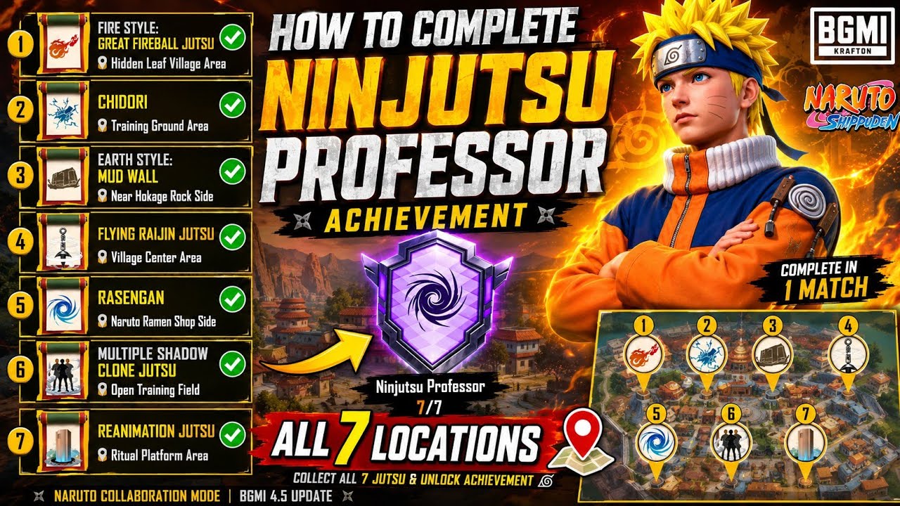 HOW TO COMPLETE NINJUTSU PROFESSOR ACHIEVEMENT | NINJUTSU PROFESSOR ALL 7 LOCATION BGMI & PUBG 