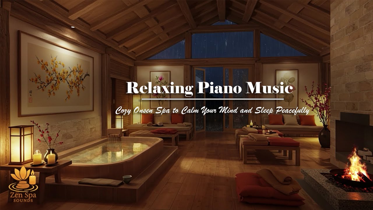 Calm Your Mind and Sleep Peacefully - Cozy Onsen Spa with Relaxing Piano Music & Gentle Rain Sounds