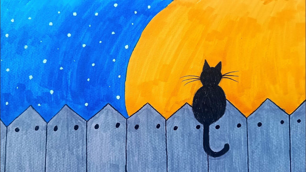 رسم قطة جميلة مع خلفية نجوم بطريقة سهلة ✨🌙 | Easy Cute Cat and Starry Sky Drawing