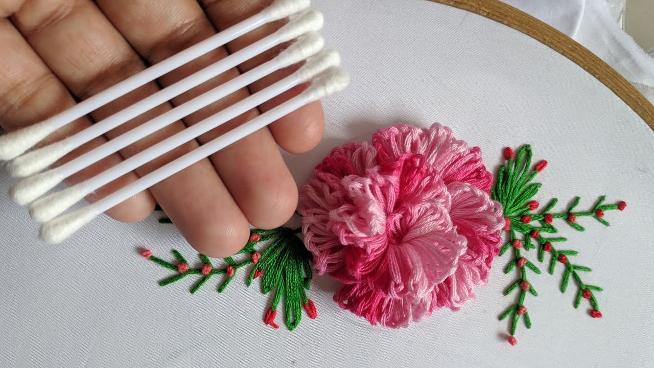 Amazing Hand Embroidery 3d flower design trick With cotton bud | Brazilian stitch:Rose Flower Design