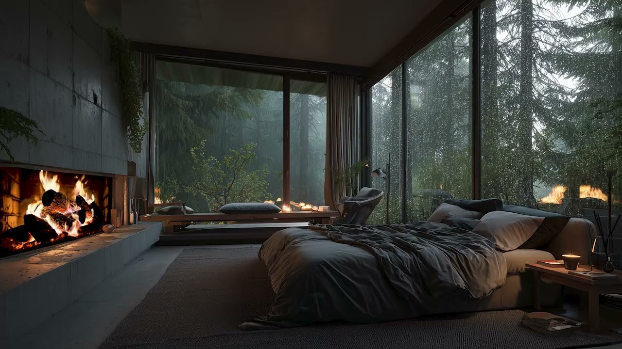 Heavy Rain at a Foggy Forest Cabin | Cozy Dark Bedroom for Deep Sleep