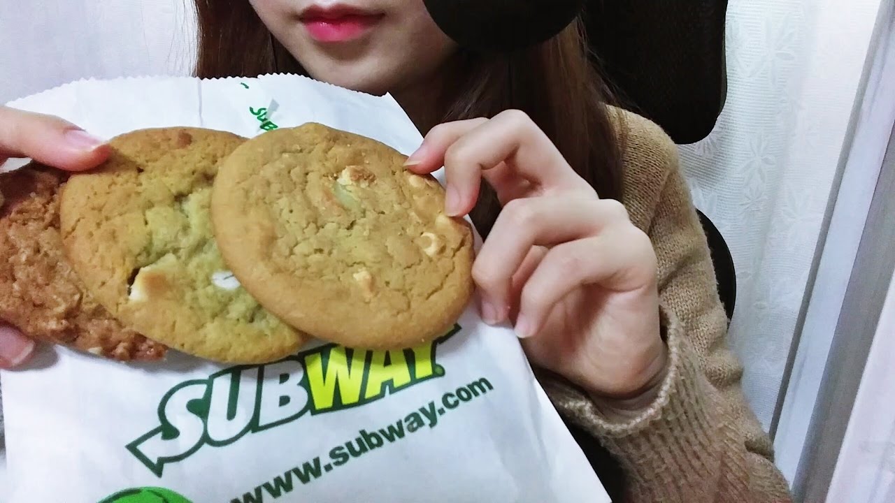 한국어 ASMR: SUBWAY 서브웨이 쿠키 이팅사운드 먹방 cookie eating sounds mukbang cheesecake, White Chocolate クッキー