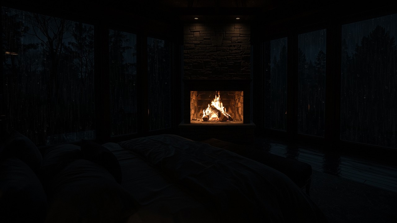 Cabin Night and Warm Fireplace | Rainy Forest Cabin Ambience for Sleep & Calm Nights