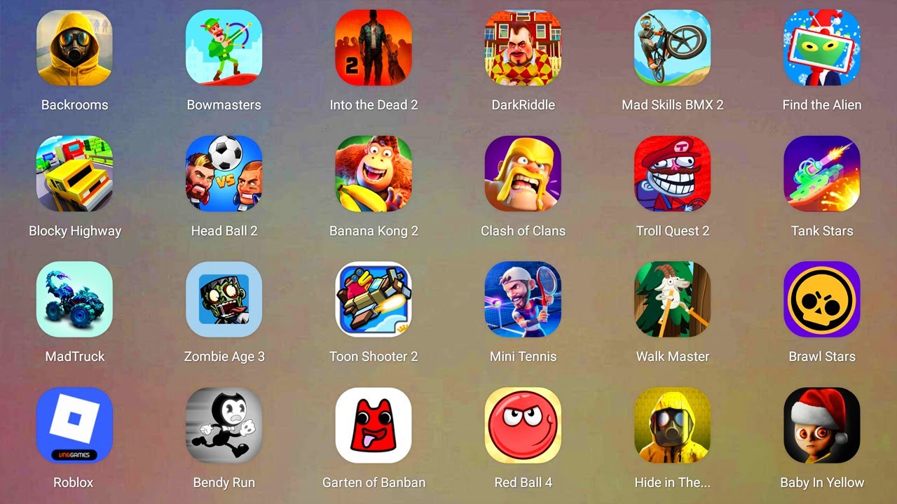 Roblox,Grimme Shooter,Dark Riddle,Poppy Playtime 4,Ragdoll Rage,Bowmasters,Zombie Age 3,Subway Surfe