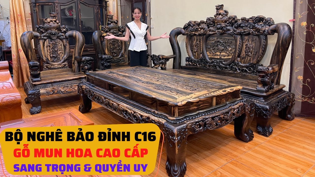 Bộ bàn ghế Nghê Bảo Đỉnh gỗ Mun hoa cột 16 đẳng cấp, uy quyền, sang trọng | Đồ gỗ cao cấp Vương Thao