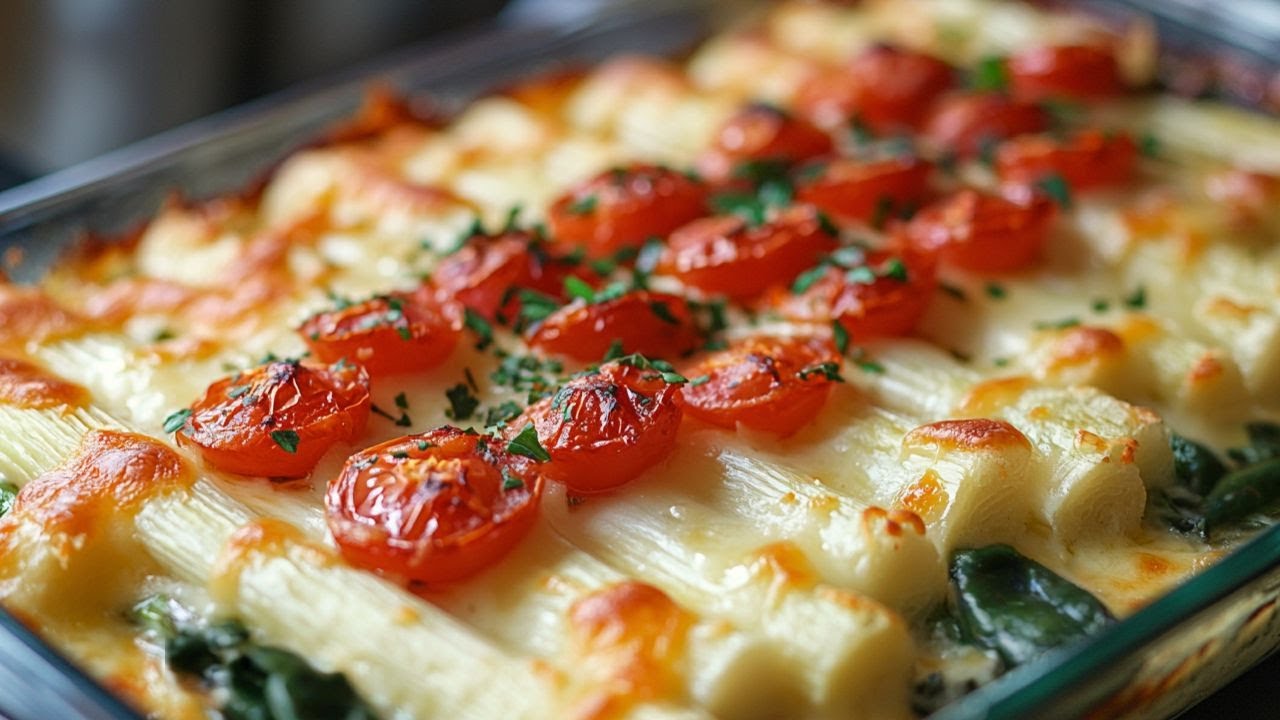 Probieren Sie dieses Spargel Rezept, das jeden begeistert! Spargel Auflauf mit Spinat und Tomaten