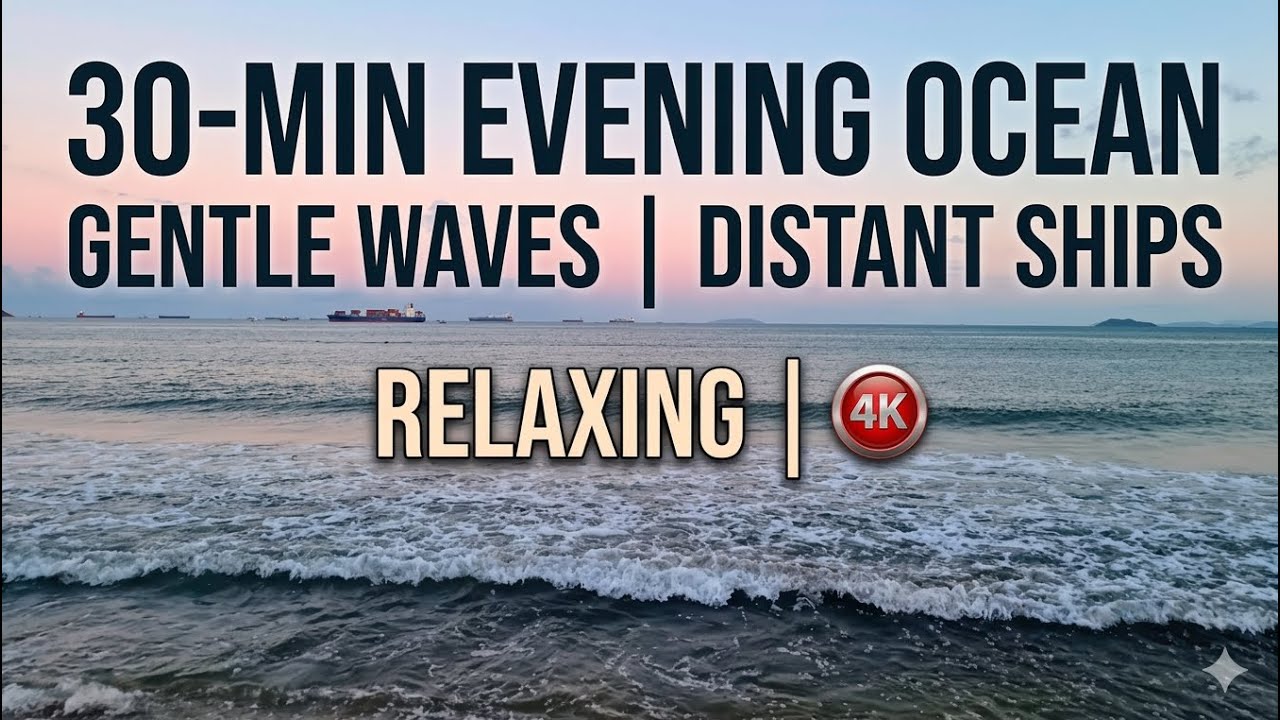 30 Min Evening Ocean View | Gentle Waves Crashing & Distant Ships at Anchor | 4K | Oppa Toai