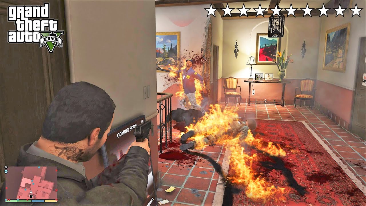 GTA 5 - Michael's TEN STAR COP BATTLE IN HIS MANSION (GTA V Funny Moments)