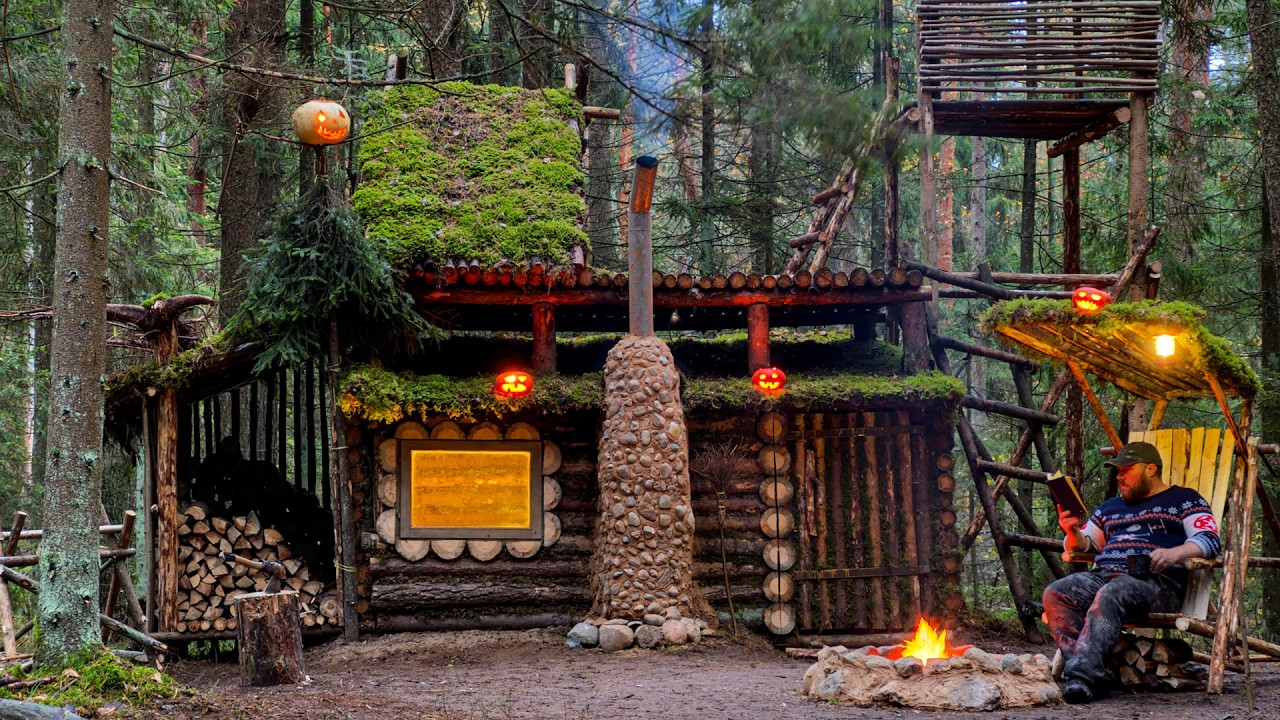 MY FOREST HIDEOUT UPGRADE: Stone Fire Pit, Window View, and Halloween Glow.Bushcraft camping